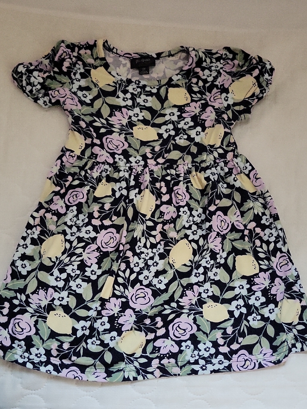 Girls Black Floral & Lemon Short Sleeve Dress